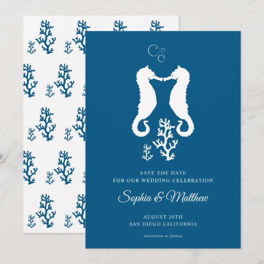 Marineblauwe Zeepaard Tropische Kustlijn Save The Date (Voorkant / Achterkant)