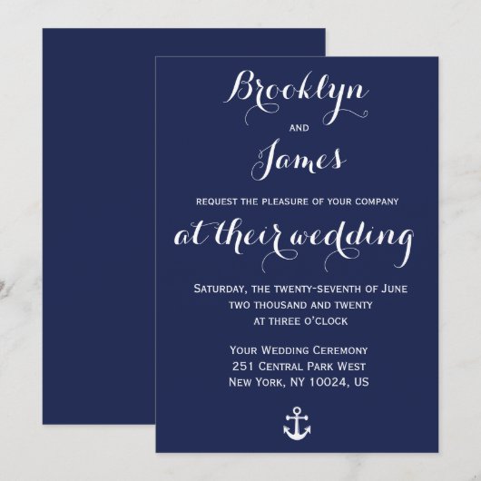 Marineblauwe Zeevaart Trouw Uitnodigingen Anker (Voorkant / Achterkant)