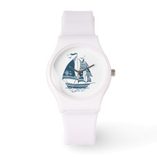 Marineblauwe zeevaartwind varende boot horloge
