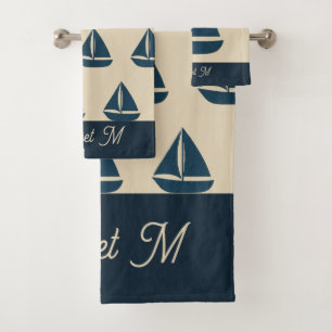 marineblauwe zeilboot & Monogram Beige kusthuis Bad Handdoek