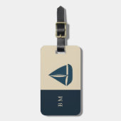 marineblauwe zeilboot & Monogram Beige kusthuis Bagagelabel (Voorkant verticaal)