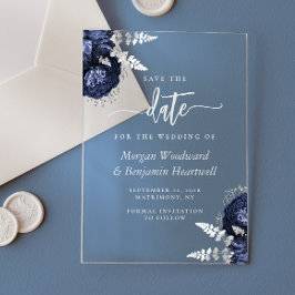 Marineblauwe Zilveren Bloem Bruiloft Save the Date Acryl Uitnodigingen