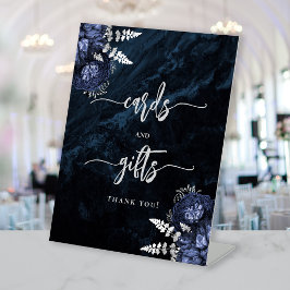 Marineblauwe Zilveren Bloemen Bruiloftskaarten Cad Reclamebord Met Voetstuk