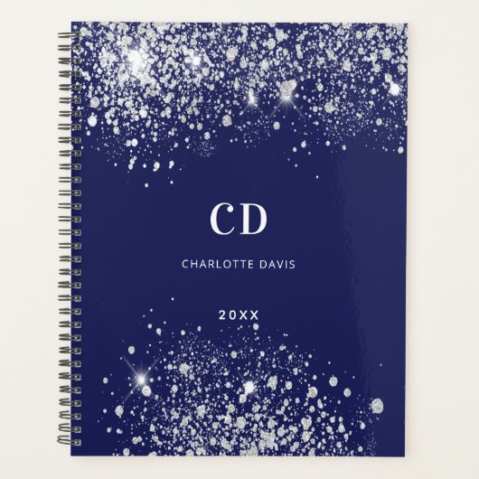 Marineblauwe zilveren glinster monogram naam 2023 planner (Voorkant)