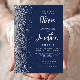 Marineblauwe Zilveren Glitter Calligrafie Bruiloft Kaart