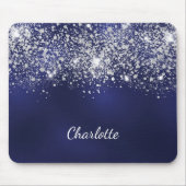 Marineblauwe zilveren glitter monogram naam script muismat (Voorkant)