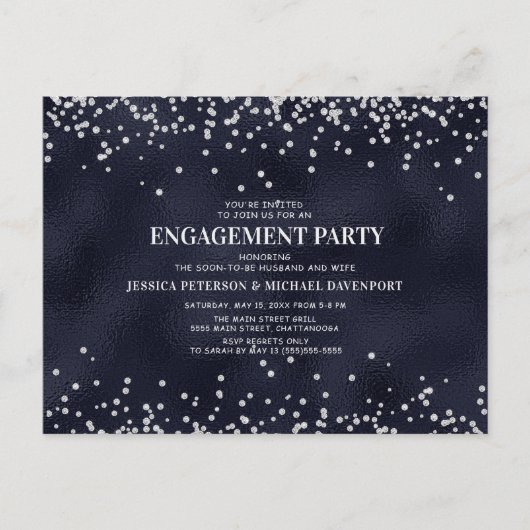 Marineblauwe Zilveren Glitter Verlovingsfeest Briefkaart (Voorkant)