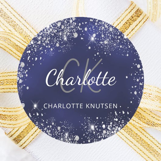 Marineblauwe zilveren glitters stof monogram naam ronde sticker