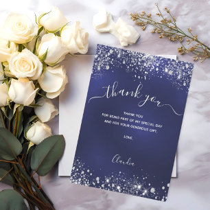 Marineblauwe zilveren glitterscript bedankkaart