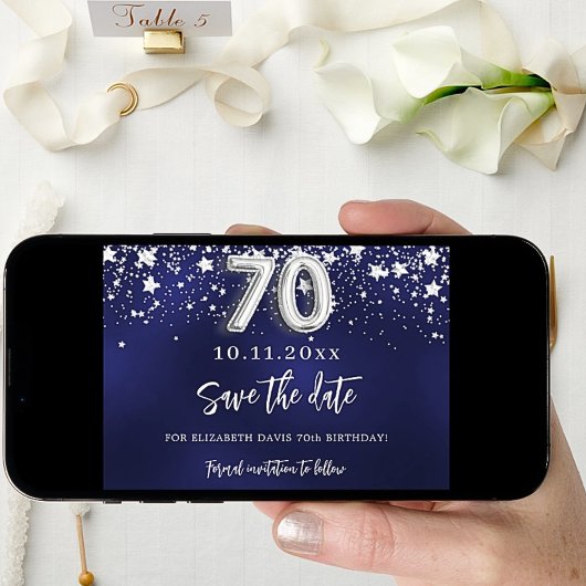 Marineblauwe zilveren sterren 70e verjaardag save the date