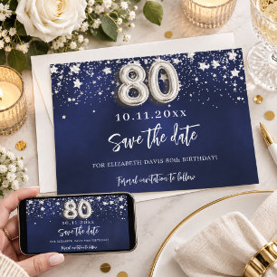 Marineblauwe zilveren sterren 80ste verjaardag save the date