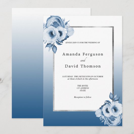 marineblauwe zilverkleurige witte bruine bruiloft kaart (Voorkant / Achterkant)