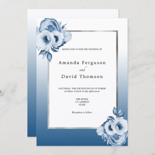 marineblauwe zilverkleurige witte bruine bruiloft kaart (Voorkant / Achterkant)