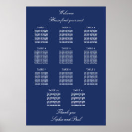 Marineblauwe zitplaats poster voor 11 tafels voor