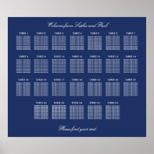 Marineblauwe zitplaats poster voor 26 tafels op de