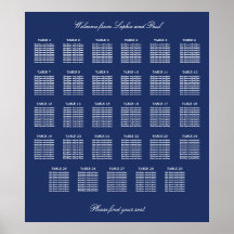 Marineblauwe zitplaatskaart poster voor trouwfeest