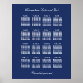 Marineblauwe zitplaatskaart voor 16 tafels op post poster
