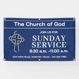 Marineblauwe zondagse kerkdienst banner met logo