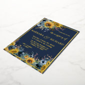 Marineblauwe zonnebloem bloemig goud huwelijk folie uitnodiging (Gedraaid)