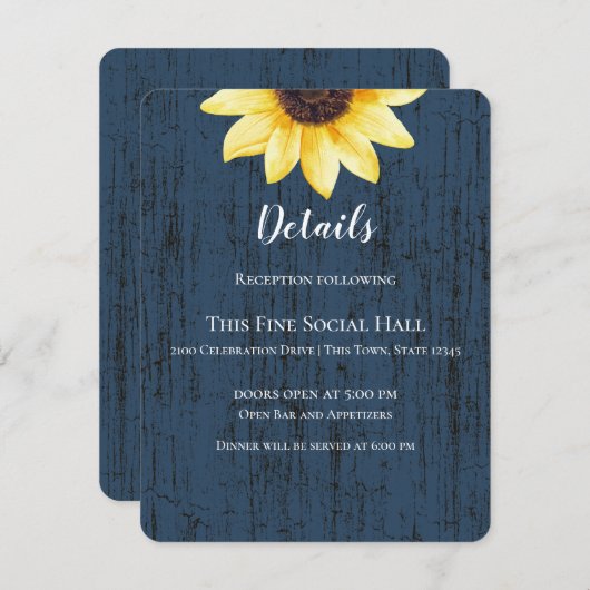 Marineblauwe Zonnebloem en Lichten Rustieke Bruilo Kaart (Voorkant / Achterkant)