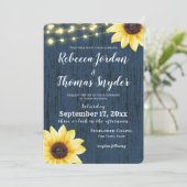Marineblauwe Zonnebloem en Lichten Rustieke Bruilo Kaart (Staand voorkant)