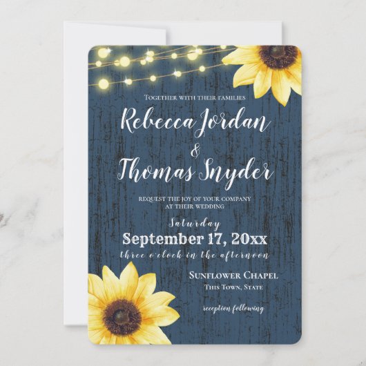 Marineblauwe Zonnebloem en Lichten Rustieke Bruilo Kaart (Voorkant)