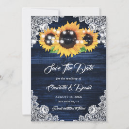 Marineblauwe zonnebloem slingerlichtjes bloem kant save the date