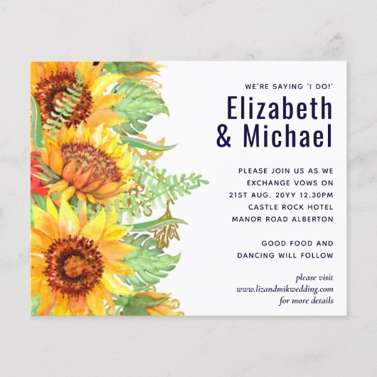 Marineblauwe Zonnebloemen Trouwdag Modern Budget (Voorkant)