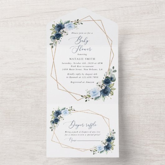 Marinebloemen, Blauwe bloemen, Groen, Baby shower All In One Uitnodiging (Binnen)