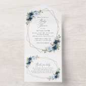 Marinebloemen, Blauwe bloemen, Groen, Baby shower All In One Uitnodiging (Binnen)