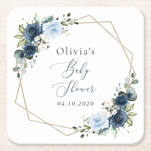 Marinebloemen, Blauwe bloemen, Groen, Baby shower Kartonnen Onderzetters (Voorkant)