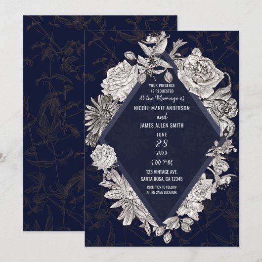 marinebloemen van Navy Blue Modern Diamond Kaart (Voorkant / Achterkant)