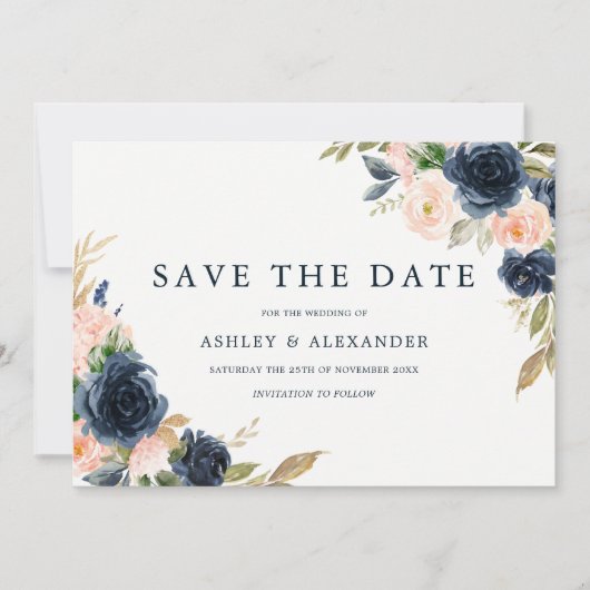 Marineblush Elegante Moderne Bloemige Bruiloft Save The Date (Voorkant)