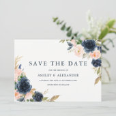 Marineblush Elegante Moderne Bloemige Bruiloft Save The Date (Staand voorkant)