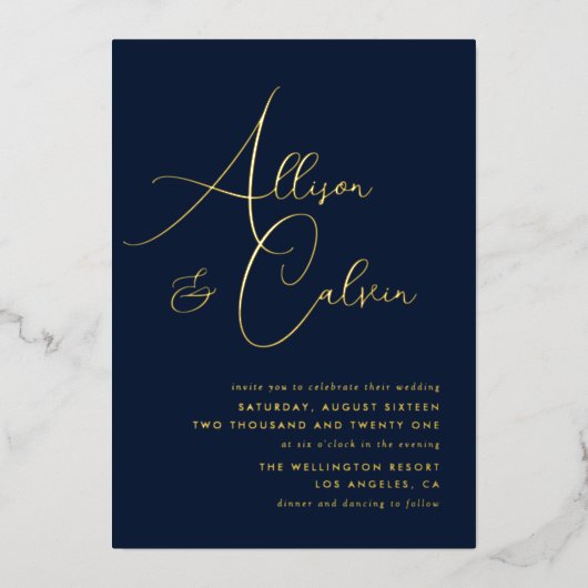 marinebruiloft en goudkalligrafie folie uitnodiging (Voorkant)
