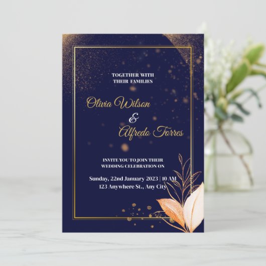 Marinebruiloft uitnodiging met gouden kleuren (Staand voorkant)