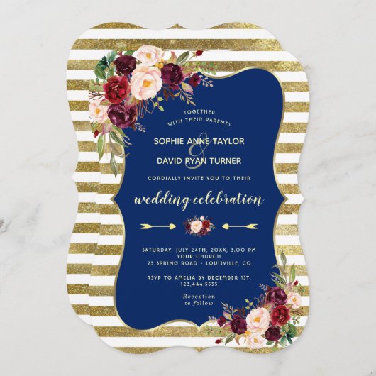 Marineburgunder Bloemrijk Gouden Glitter Strepen B Kaart (Voorkant / Achterkant)