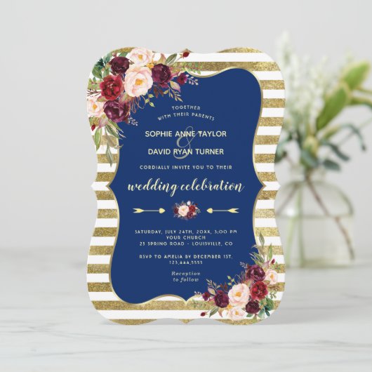 Marineburgunder Bloemrijk Gouden Glitter Strepen B Kaart (Staand voorkant)