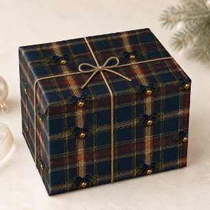 Marineburgunder Heritage Tartan Kerstfluwelen Stri Cadeaupapier