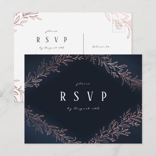 Marinegegoten roos goud botanische bruiloft RSVP Uitnodiging Briefkaart (Voorkant / Achterkant)