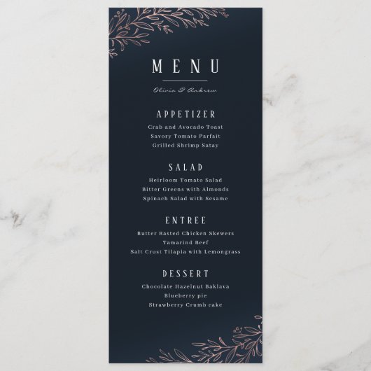 Marinegegoten roos goud botanische elegante bruilo menu (Voorkant)