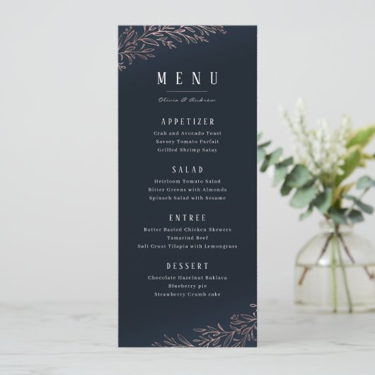 Marinegegoten roos goud botanische elegante bruilo menu (Staand voorkant)