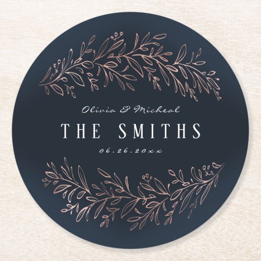 Marinegegoten roos goud botanische elegante bruilo ronde kartonnen onderzetter (Voorkant)