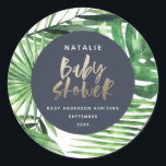 Marinegoud tropisch gebladerte modern baby shower ronde sticker<br><div class="desc">Marineblauw en goud tropisch gebladerte modern baby shower ontwerp.</div>