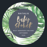 Marinegoud tropisch gebladerte modern baby shower ronde sticker<br><div class="desc">Marineblauw en goud tropisch gebladerte modern baby shower ontwerp.</div>