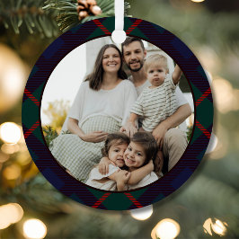 Marinegroen rood geruit familiefoto metalen ornament