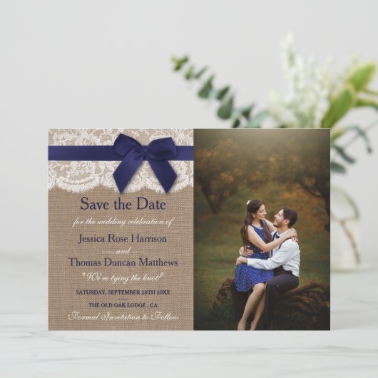 Marinelint op Burlap & Lace Trouwfoto Save The Date (Staand voorkant)