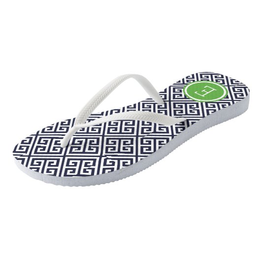 Marinemonogram en Groen Grieks sleutelmonogram Teenslippers (Schuin)