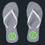 Marinemonogram en Groen Grieks sleutelmonogram Teenslippers<br><div class="desc">Aangepast gedrukte flip flop sandalen met een stijlvol,  modern Grieks sleutelpatroon en uw aangepast monogram of andere tekst in een cirkelvormige lijst. Klik aanpassen het om tekstdoopvonten en kleuren te veranderen of uw eigen afbeeldingen toe te voegen om unieke één van een soortontwerp te creëer!</div>