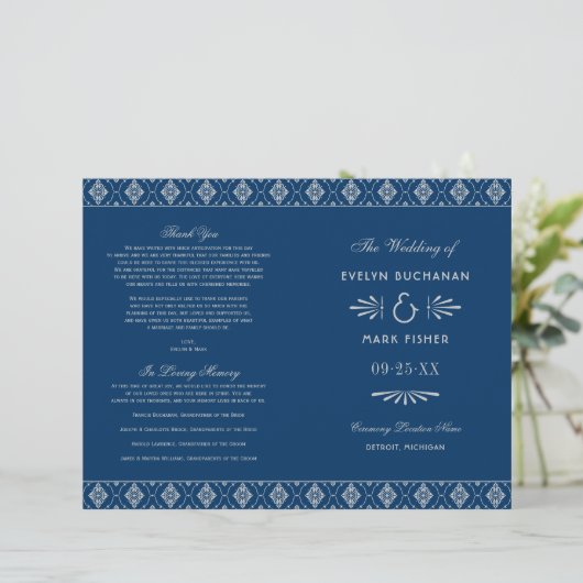  marineprogramma Blue Silver Art Deco Wedding Prog (Staand voorkant)
